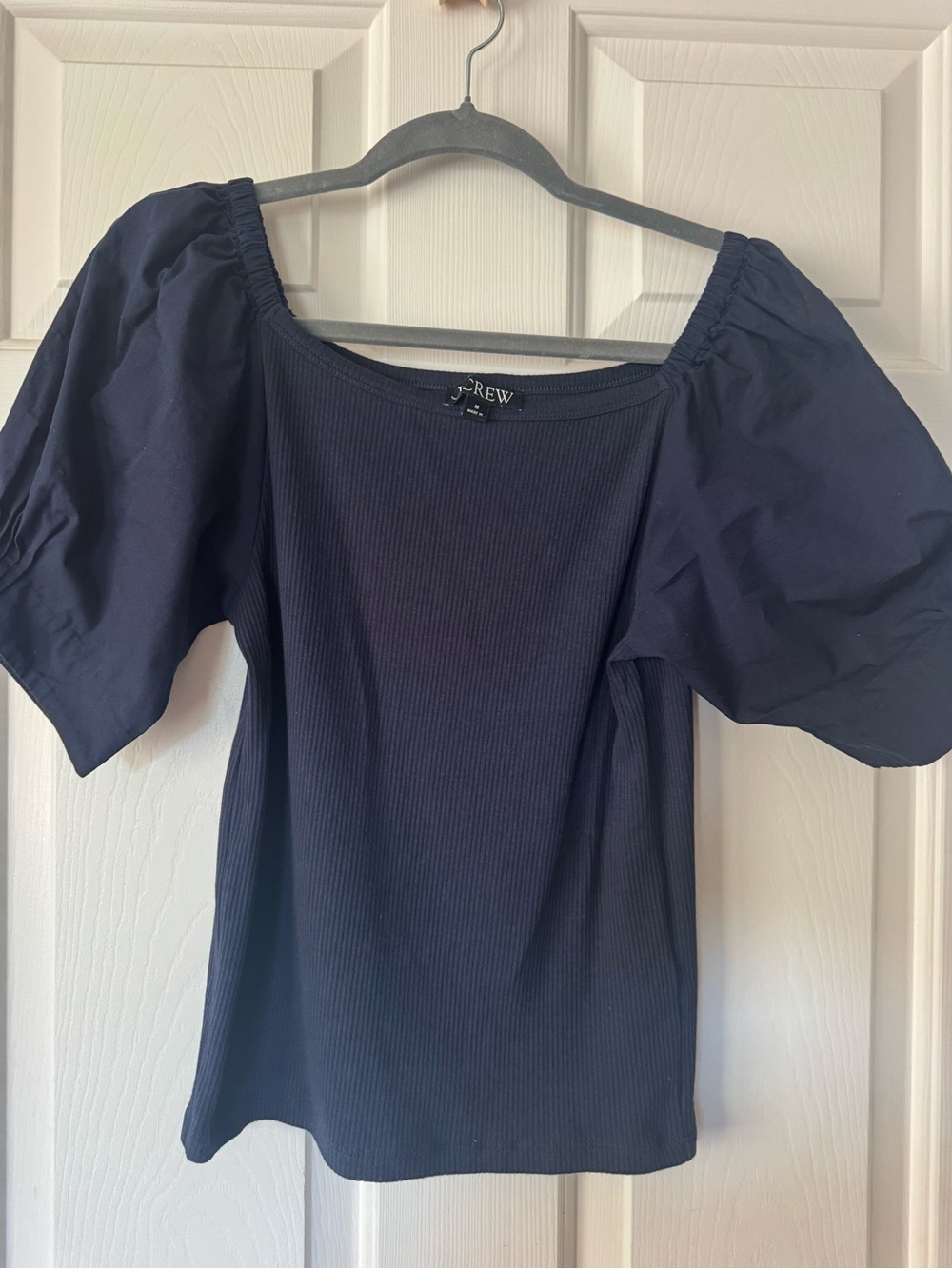 J. Crew Navy Puff-Sleeve Ribbed Square-Neck Top
